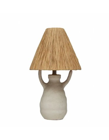 Stoneware Lamp w/ Raffia Shade, 12"x 22", Available for local pick up