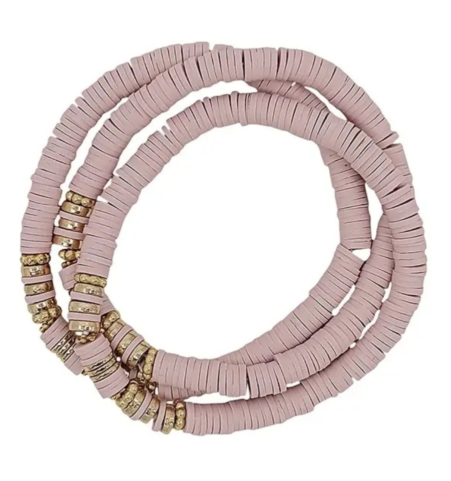 Blush Pink Rubber and Gold Set of Three Stretch Bracelets