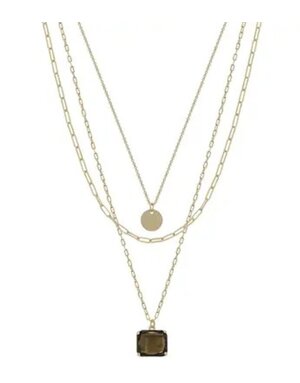 Gold Chain Layered 16"-18" Necklace with Black Crystal Drop