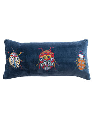 Velvet Embroidered Lumbar Pillow w/ Beetles, 18"x 8"