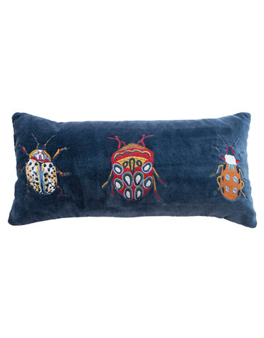 Velvet Embroidered Lumbar Pillow w/ Beetles, 18"x 8"