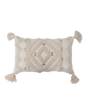 Embroidery & Tassels Cotton Tufted Lumbar Pillow, Cream & Gold