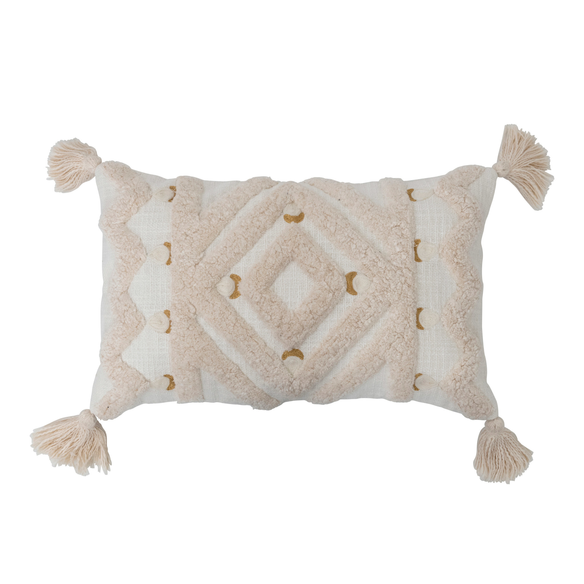 Embroidery & Tassels Cotton Tufted Lumbar Pillow , Cream & Gold