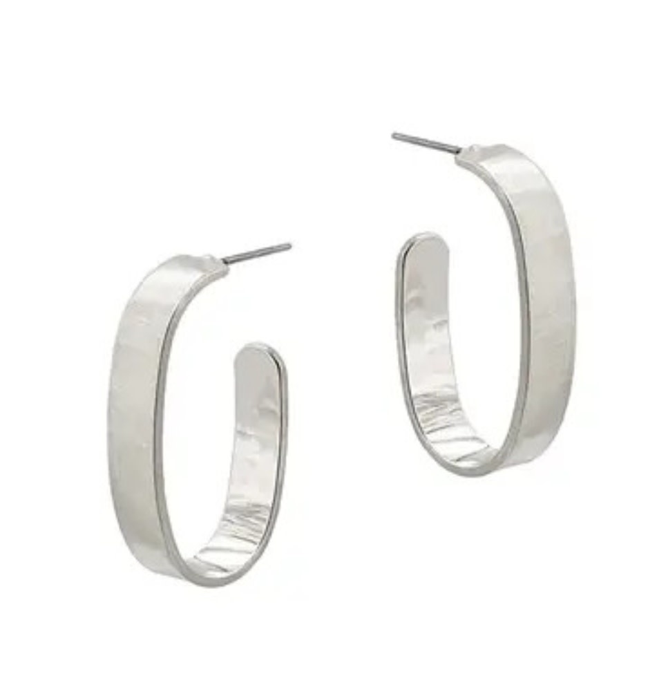 Flat Oval Hoop Earring, Matte Silver