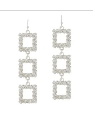 Three Drop Open Silver Textured Square 2" Earring