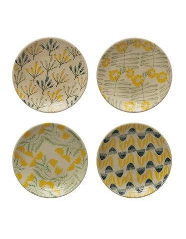 Hand-Stamped Stoneware Plate w/ Flowers, assorted styles, 5" round, Priced Individually