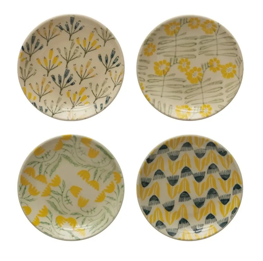 Hand-Stamped Stoneware Plate w/ Flowers, assorted styles, 5" round, Priced Individually