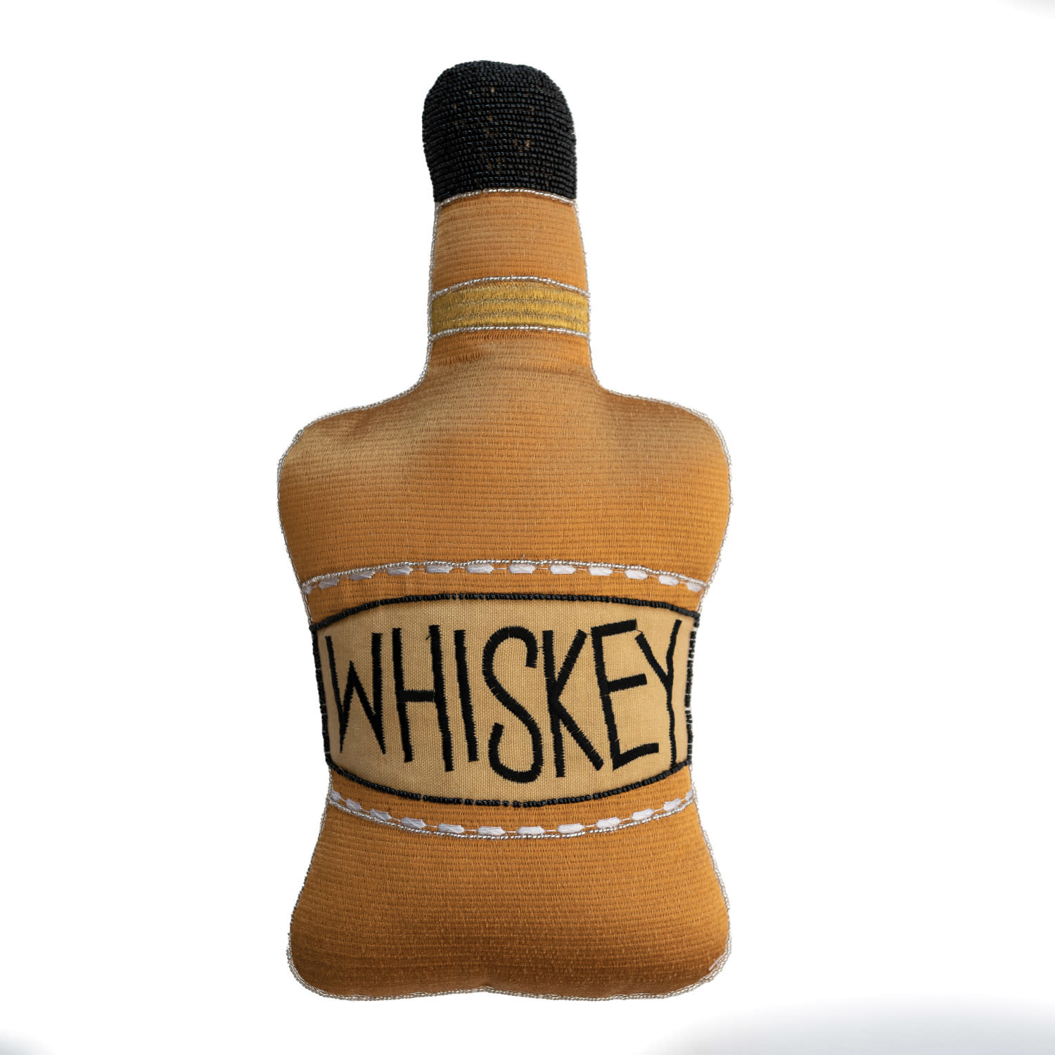 Cotton Bottle Shaped Pillow w/ Embroidery "Whiskey," Mustard