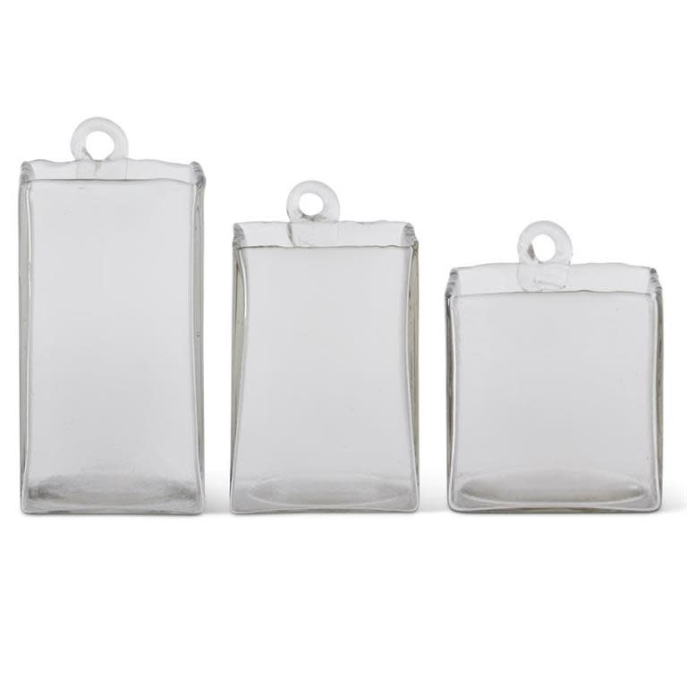 Handblown Square Clear Glass Hanging Vase, assorted sizes, Priced Individually