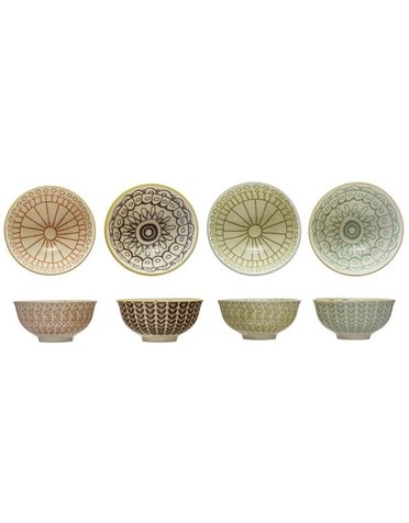 Stoneware Bowl w/ Pattern, 4 Colors, 2 Styles
