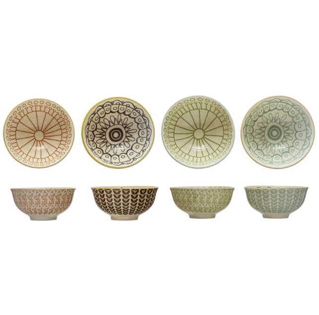 Stoneware Bowl w/ Pattern, 4 Colors, 2 Styles