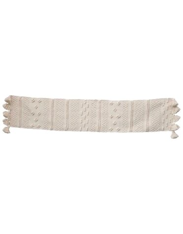 Woven Cotton Textured Table Runner w/ Pom Poms & Tassels, Cream, 72" x 14"