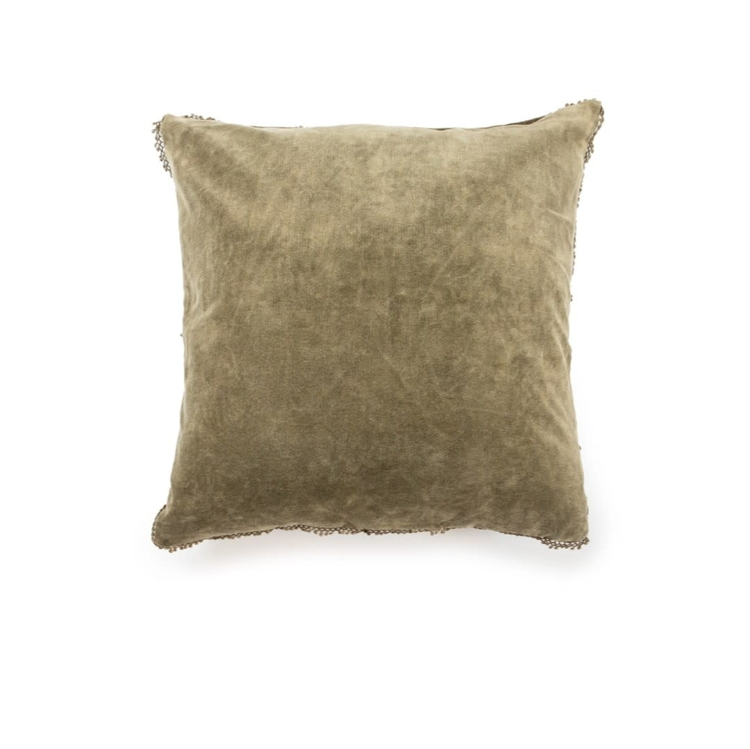 Moss Velvet Pillow with Poms - 22x22"