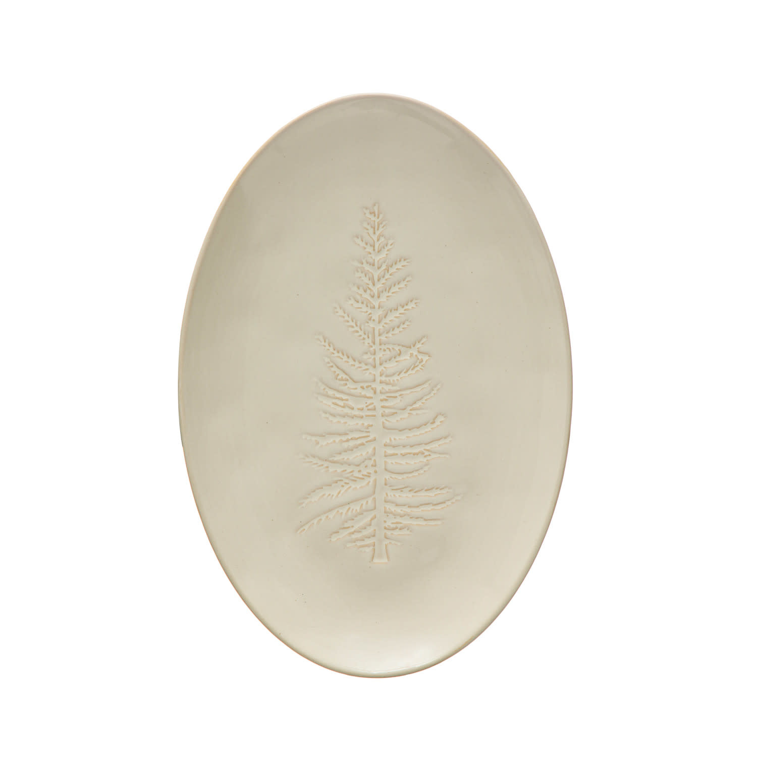 Oval Debossed Stoneware Platter with Tree Design, 12"x 8"