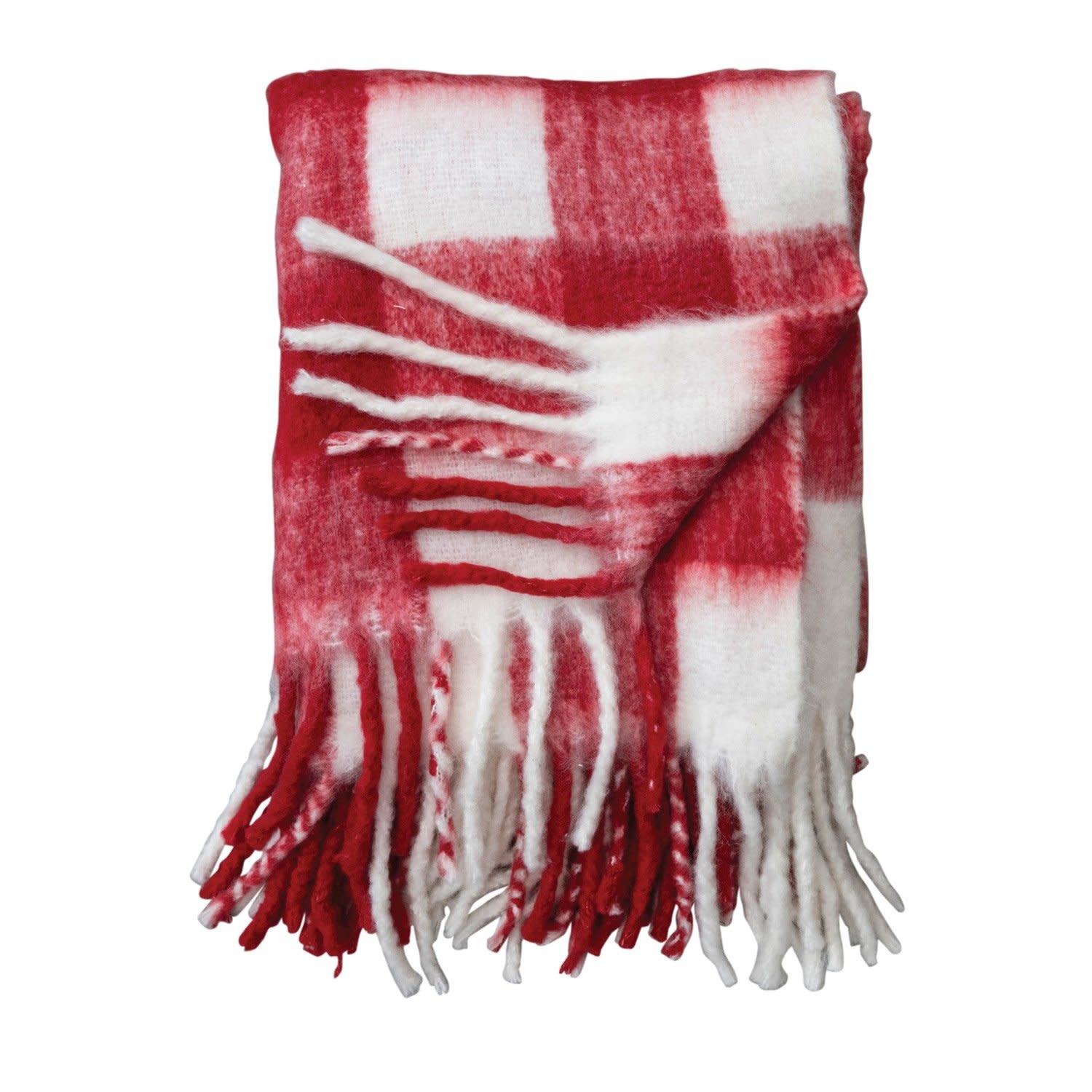Woven Acrylic Throw w/ Fringe, Red & White Plaid, 60 X 50 in.