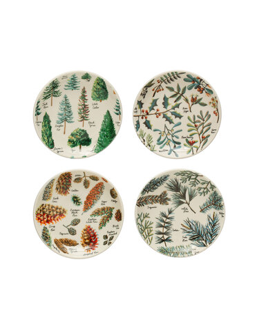 Assorted Round Stoneware Plate w/ Evergreen Botanicals, Priced Individually