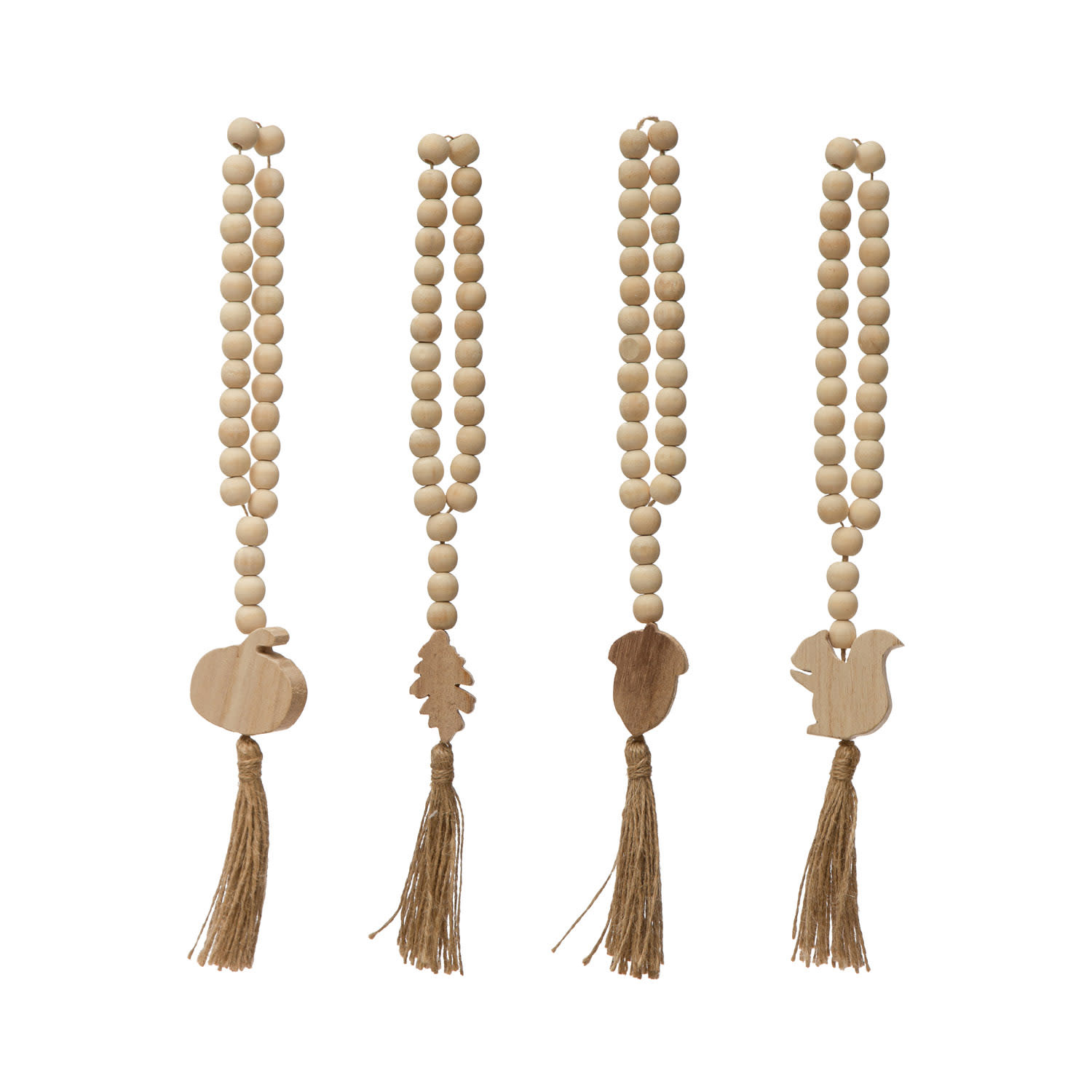 Assorted Paulownia Wood Beads w/ Fall Icon & Jute Tassel, Priced Individually