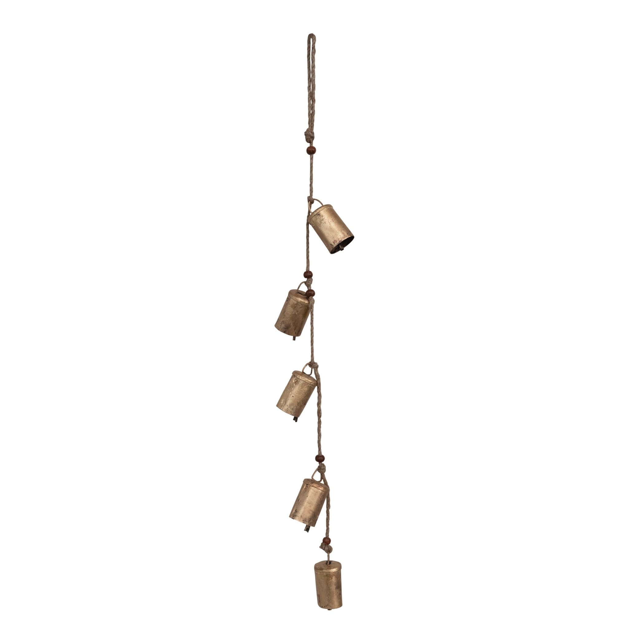 Hanging Metal Bells w/ Wood Beads on Jute Rope, 28"