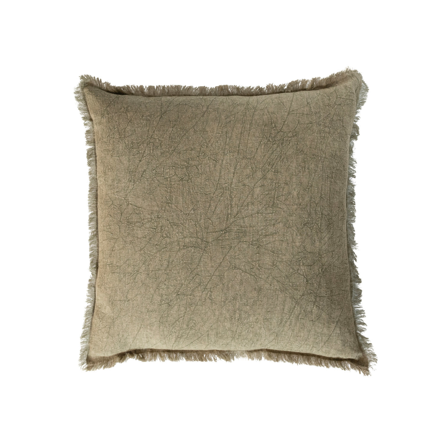 Square Stonewashed Linen Pillow w/ Fringe, Olive, 20"