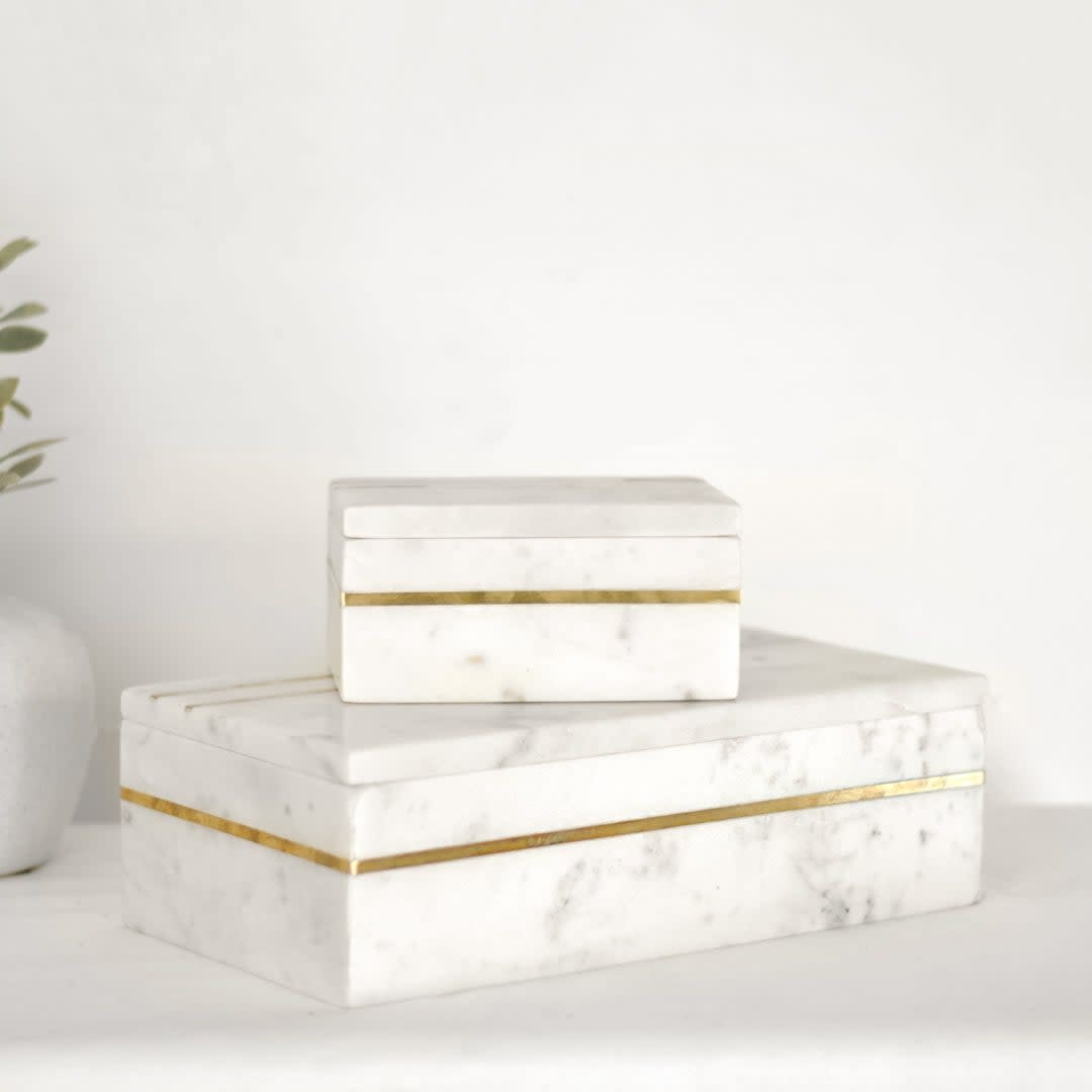 White Marble/Brass Inlay Box, 12"