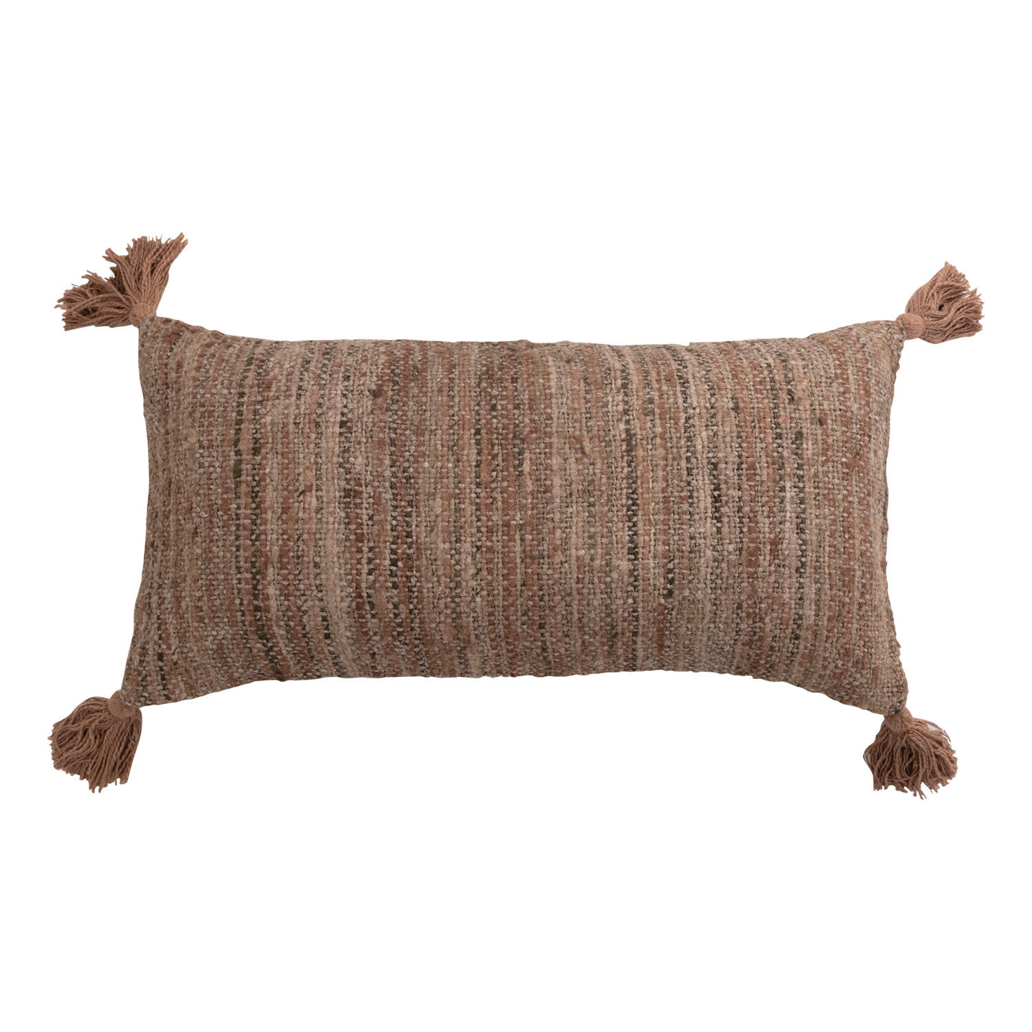 Woven Cotton Striped Lumbar Pillow w/ Chambray Back & Tassels, 28x14"