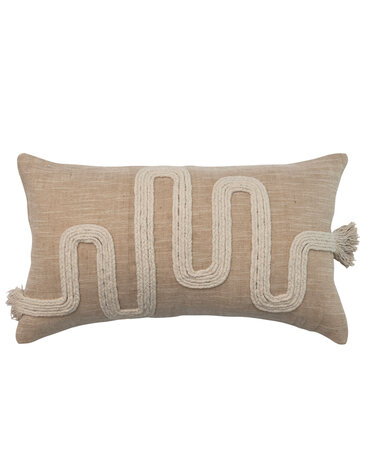 Cotton & Jute Lumbar Pillow w/ Embroidery & Fringe
