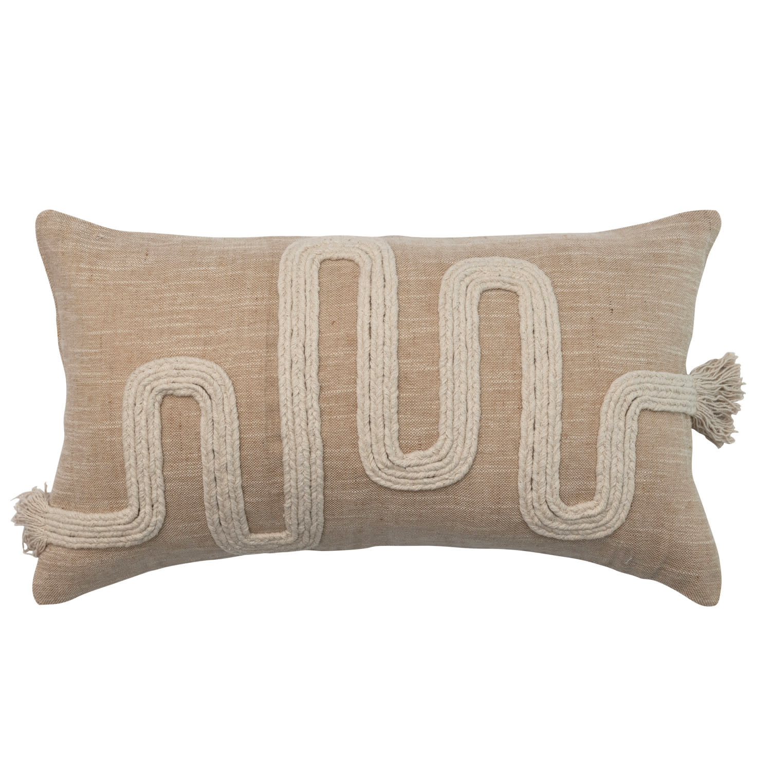 Cotton & Jute Lumbar Pillow w/ Embroidery & Fringe