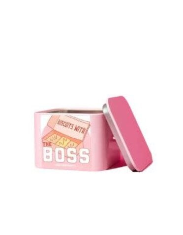 Pinkmas Line Biscuits with the Boss, Ted Lasso Candle, Pink Tin