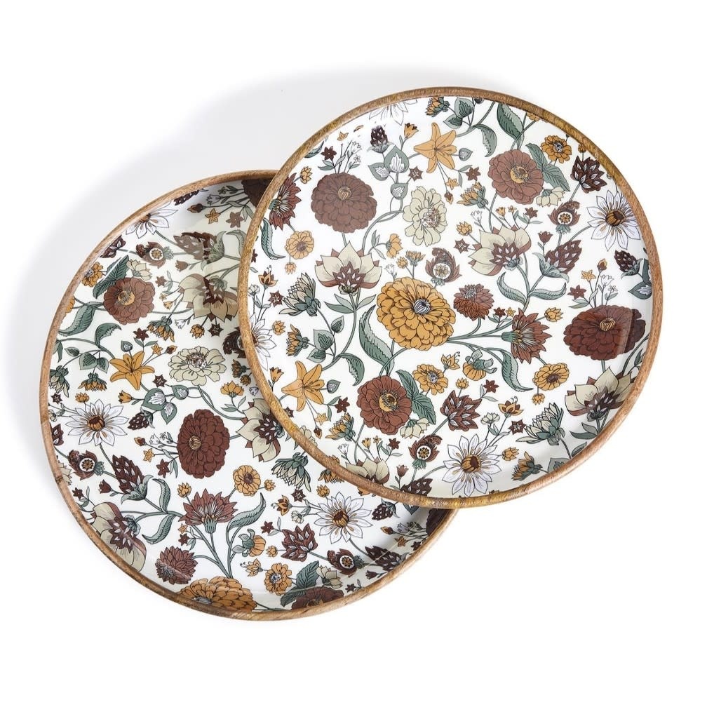 Floral Wood Round Tray 18" - Dry Food, Hand Wash Only