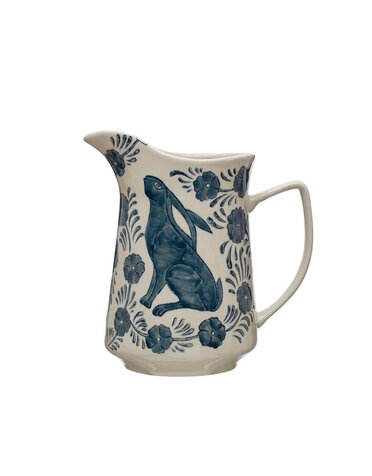 3 Quart Hand-Painted Stoneware Pitcher w/ Rabbit & Flowers