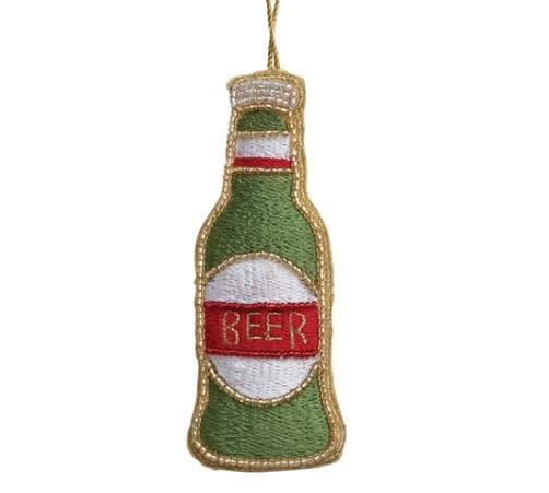Fabric Beer Bottle Ornament w/ Embroidery & Beads