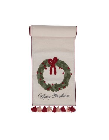 "Merry Christmas" Cotton Printed Table Runner with Wreaths, 72"