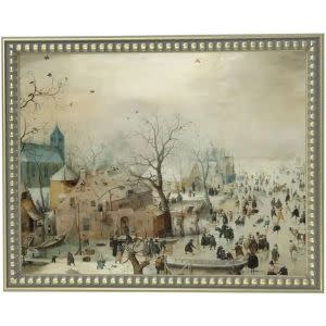 Christmas Ice Skating Antique Art with Glass, 17 x 12 in.