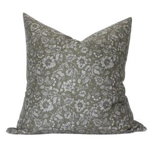 Textileish Olive Green Floral Pillow, 20x20