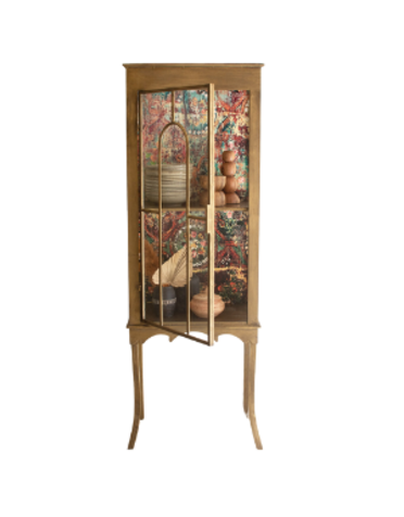 Gold Metal and Glass Cabinet with Colorful Print Back