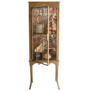 Gold Metal and Glass Cabinet with Colorful Print Back