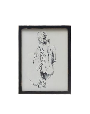 Wood Framed Glass Wall Art w/ Nude Sketch, Black & White