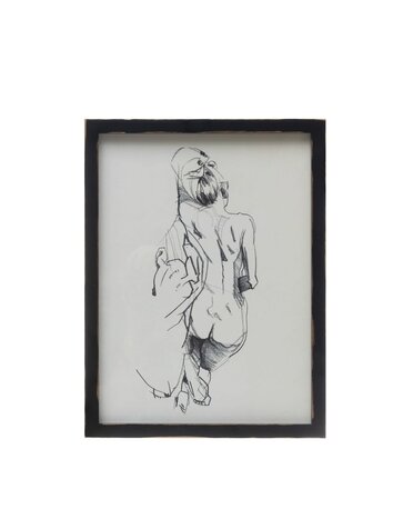 Wood Framed Glass Wall Art w/ Nude Sketch, Black & White