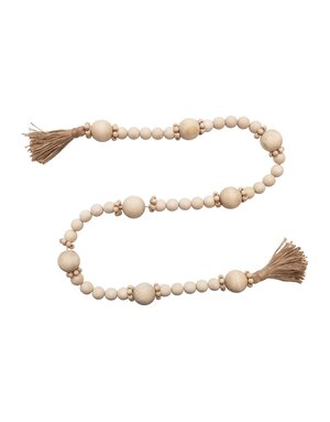 Wood Bead Garland with Jute Tassels, Natural