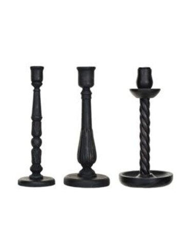 Carved Wood Taper Holders, Distressed Black, Assorted