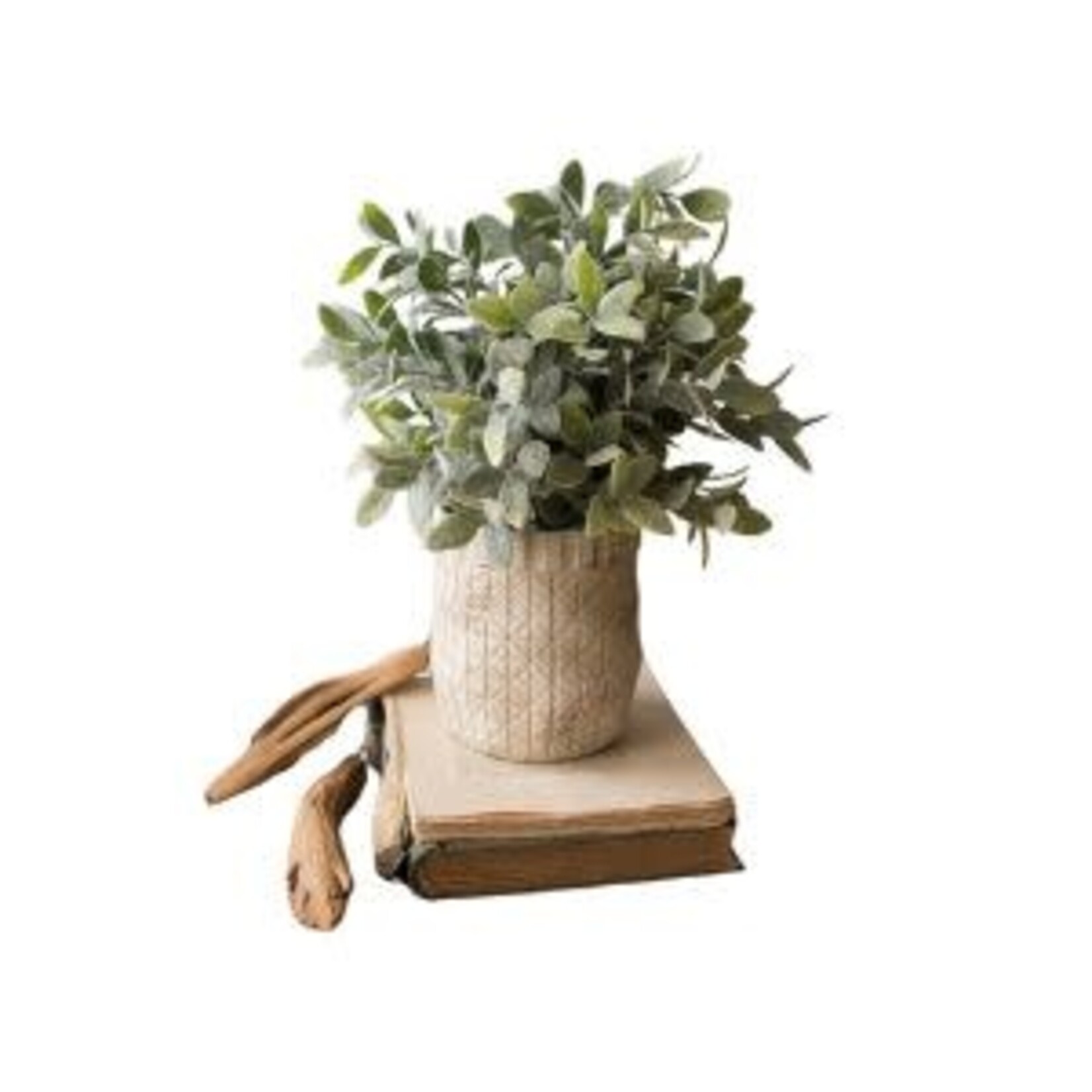 Artificial Sage with Criss Cross White Pot