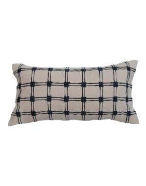 Embroidered Lumbar Pillow w/ Grid Pattern, Blue & Natural