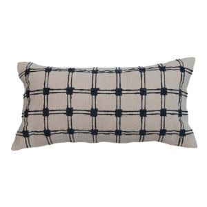Embroidered Lumbar Pillow w/ Grid Pattern, Blue & Natural