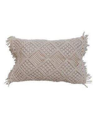 Cotton Macrame Lumbar Pillow w/ Fringe, Natural
