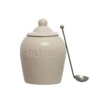 "Olives" Stoneware Jar w/ Spoon, 4"Rnd
