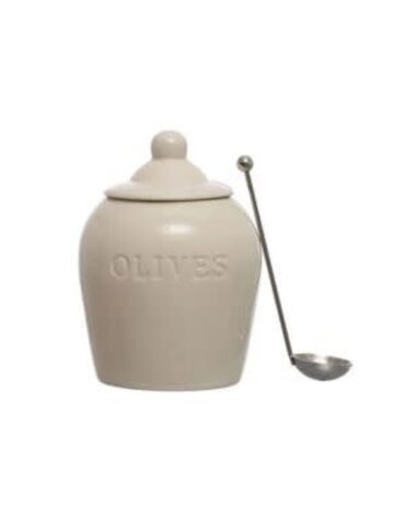 "Olives" Stoneware Jar w/ Spoon, 4"Rnd