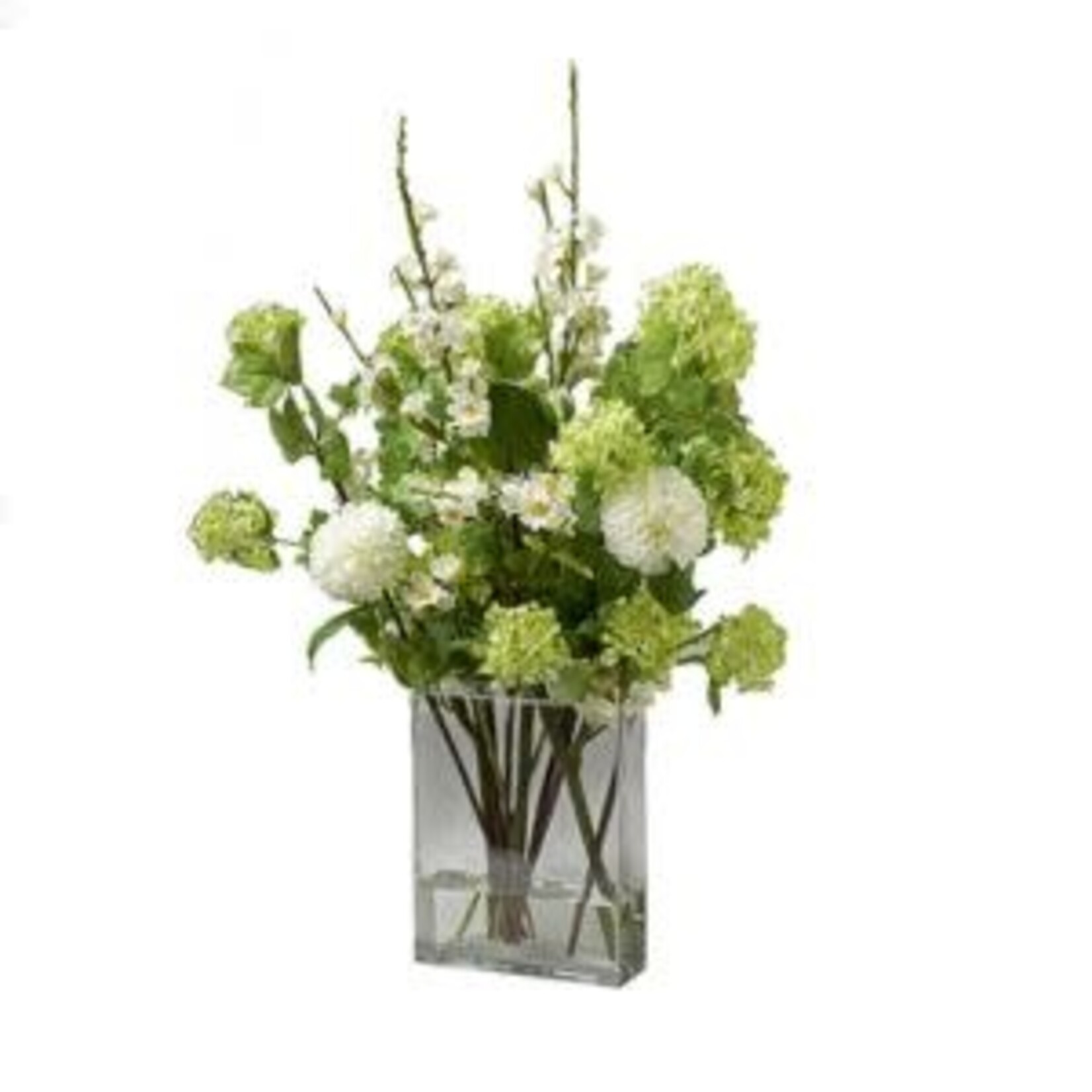 Cherry Blossom, Snowball, & White Dahlias in Flat Panel Glass, Cream/Green, 16 X 23