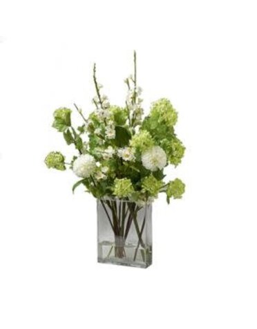 Cherry Blossom, Snowball, & White Dahlias in Flat Panel Glass, Cream/Green, 16 X 23