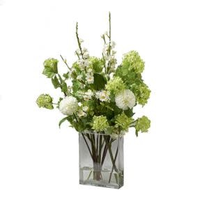 Cherry Blossom, Snowball, & White Dahlias in Flat Panel Glass, Cream/Green, 16 X 23