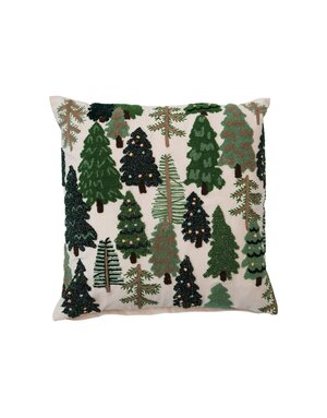 Square Embroidered Pillow with Trees & French Knots, 20"